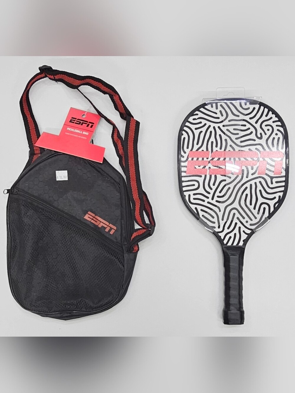 ESPN Pickleball Paddle & Matching Bag - Black with Red Accents